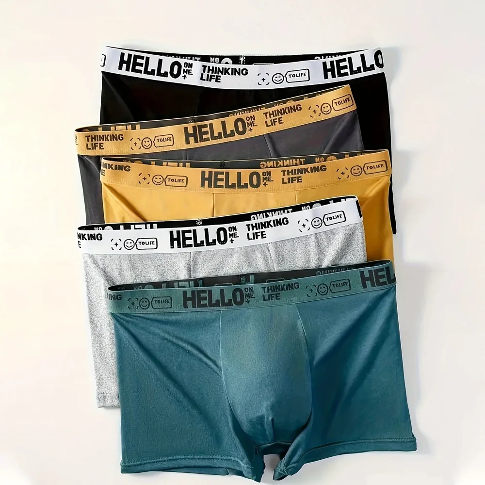 

5PCS Men's Boxer Briefs Fashion Letter Printed Plus Size Comfortable Breathable Underwear Shorts