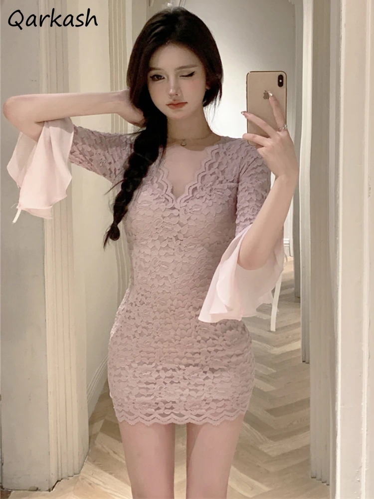 

Sexy Dresses Women Mini Lace Slim Elegant Flare Sleeve Party Summer Y2k Girls Casual Tender Ulzzang Simple Chic Bodycon Clothing