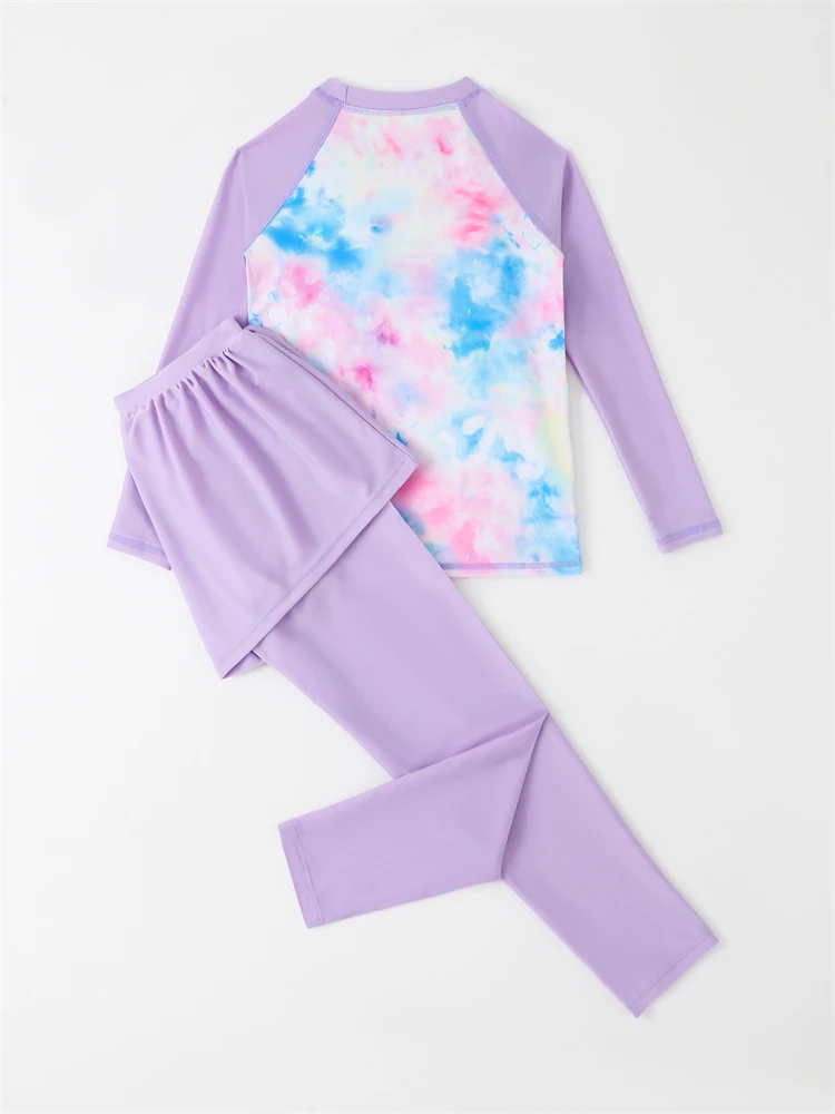 Two Piece Girls Kids Swimsuit 2026 New Pink Tie Dye Long Sleeves Children Swimwear Trousers Short Skirt Beach Wear Bathing Suit
