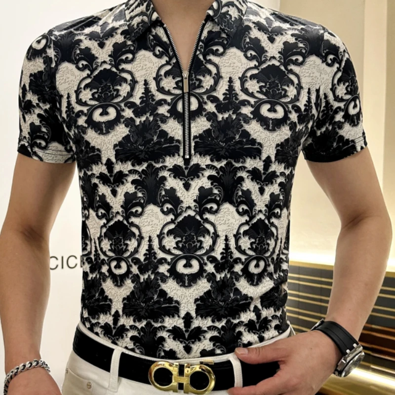 Brand Retro Jacquard Polo Shirt for Men Short Sleeve Half Zip Lapel Collar T-shirt Summer Casual Business Social POLO Shirts