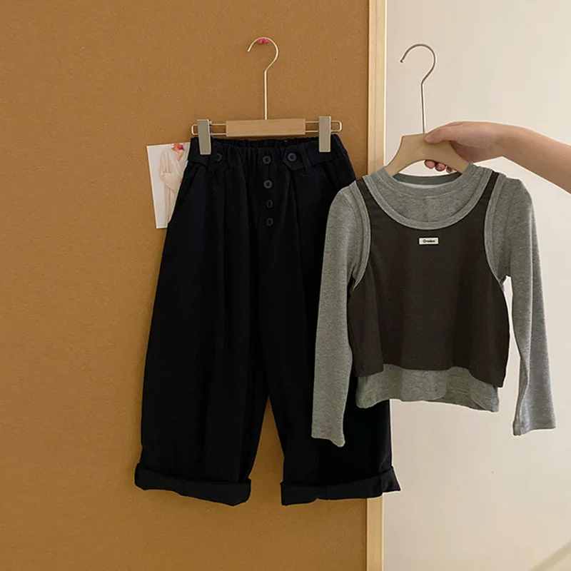 Girls' Spring and Autumn New Korean Trendy Design Padded Two-Piece Set with Zipper and Button Cotton Pants