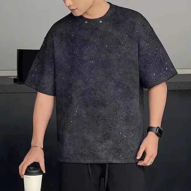 Men's Loose Casual Fashion Crew Neck Short Sleeve Starry Sky Tie-Dye Sequins Trendy Streetwear Breathable Skin-Friendly T-Shirt