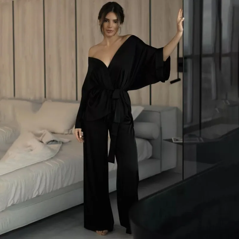 طقم بيجامة ساتين من الحرير المقلد بأكمام طويلة على الطراز الأوروبي الأمريكي مع تصميم برباط لملابس الخريف والشتاء 2025 #2