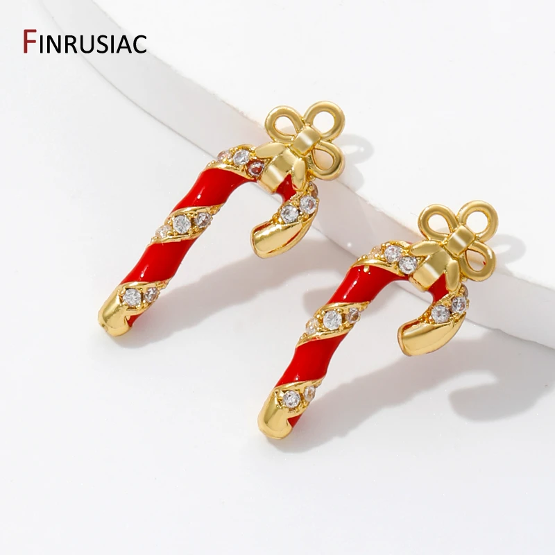 18K Gold Plated Brass Enamel Candy Cane Christmas Crutch Charms Pendants For Necklaces Earrings Making DIY Jewelry Findings