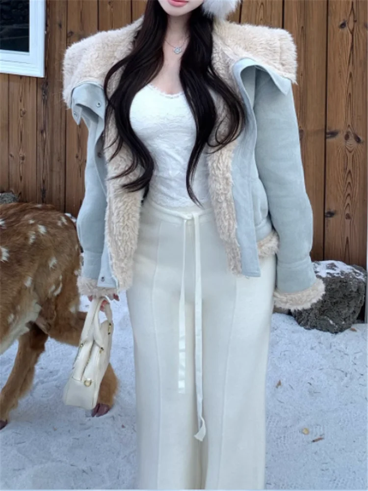 Winter Fur Suede Light Blue Short Coat Women Retro Casual Furry Large Lapel One-piece Long Sleeved Warm Faux Lamb Wool Jacket