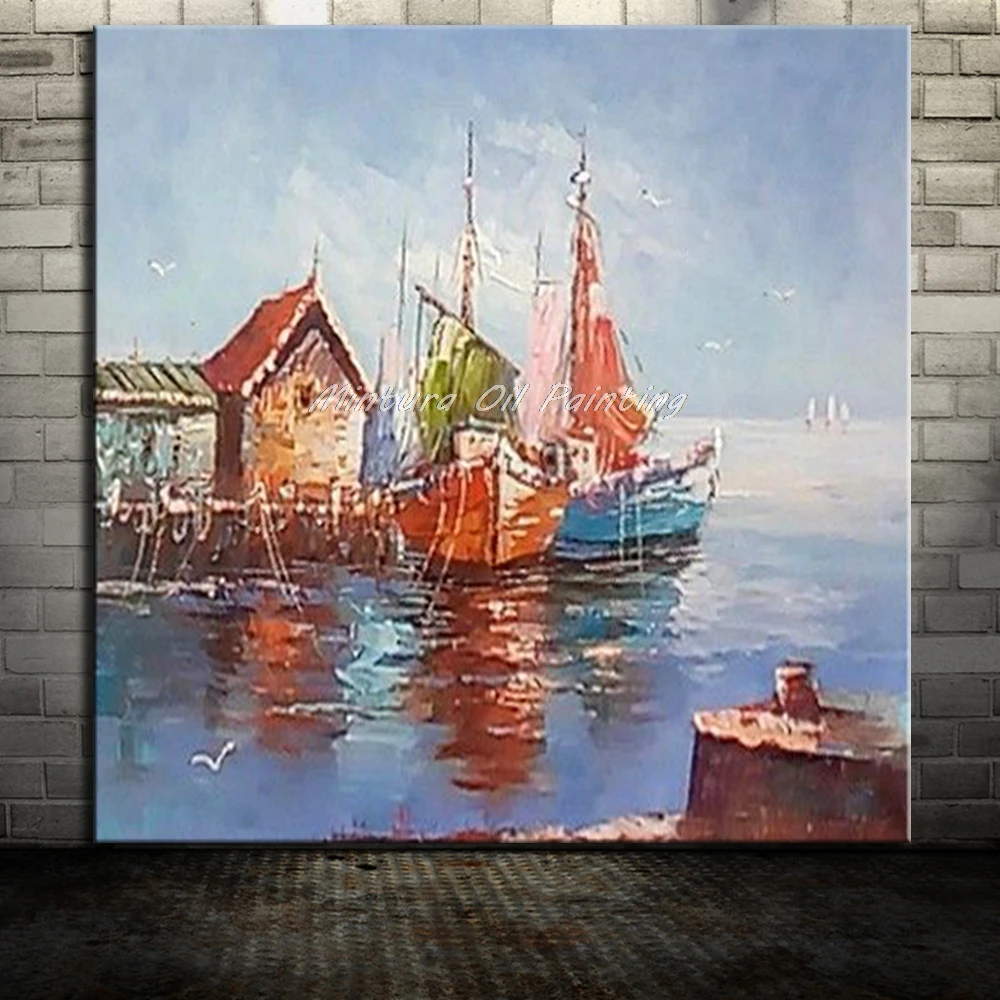 Mintura Wall Pictures for Living Room Small Towns and Boats by The River Art Hand-Painted Acrylic Canvas, Oil Painting No Framed