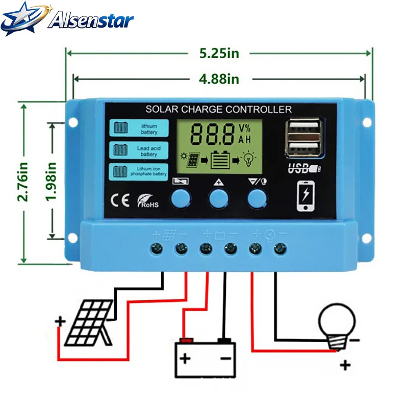 

Solar charge Controller 12V/24V 30A 20A 10A Solar Regulator PWM Battery Charger LCD Display Dual USB 5V Output Timer Setting
