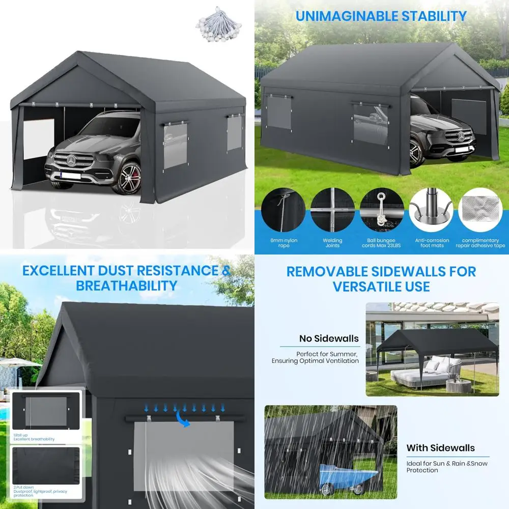 

Carport 12x20 футов для тяжелых условий эксплуатации, портативный гараж для улицы со съемными боковыми стенками и дверцами, водонепроницаемый, устойчивый к ультрафиолетовому излучению навес для
