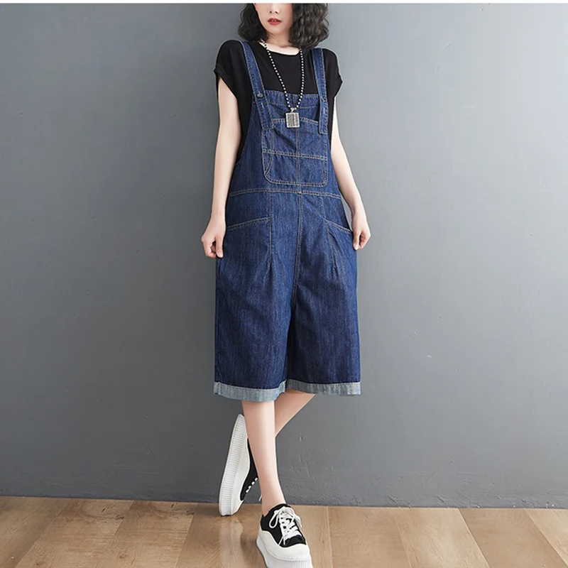 Sommer Denim Shorts Jeans Overalls Frauen koreanische Baggy Taschen weites Bein Overalls Stram pler Damen ärmellose Hosenträger hose