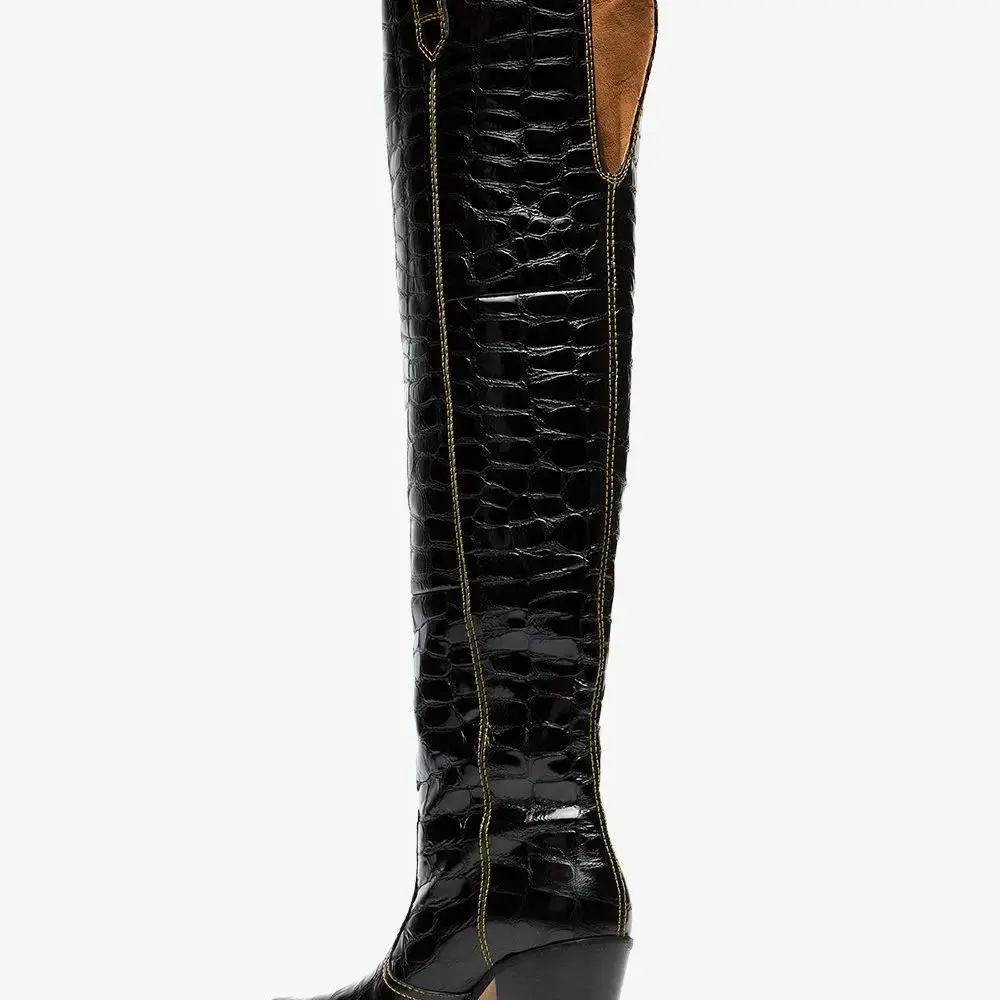 The New Women's Square Toe Over The Knee Black Patent Crocodile Thigh High Boots With Heel Mid Heel Wellington Boots