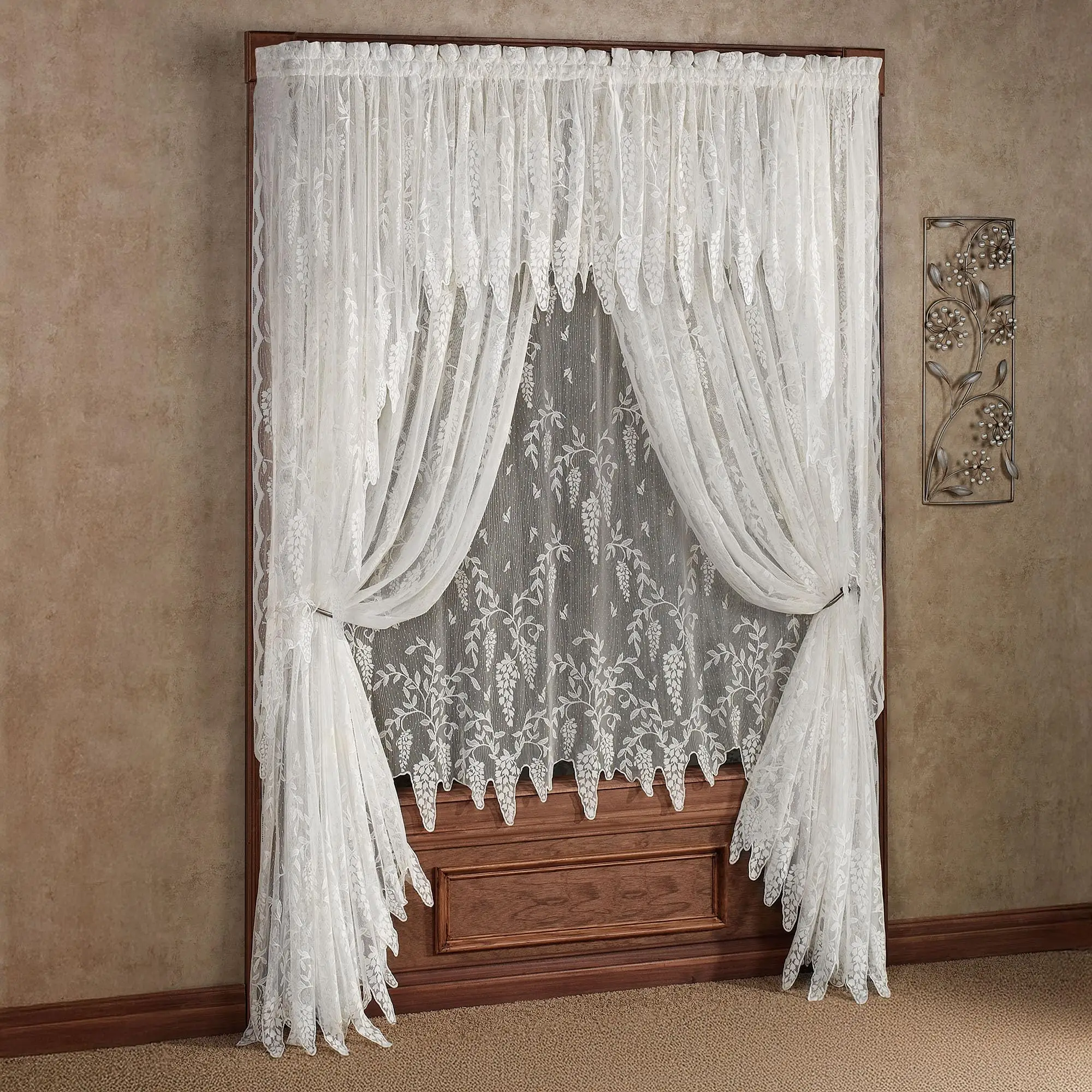 Traditional Wisteria Arbor Lace Window Treatment, White, 6 Pc Set