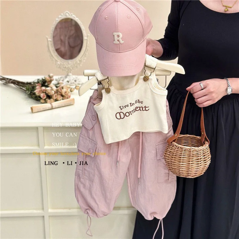 Baby Girls Set Children Summer Trends Vests+Cargo Pants 2Pcs Kids Fashion Letter Clothing Suit 2024 New Toddler Button Outfits