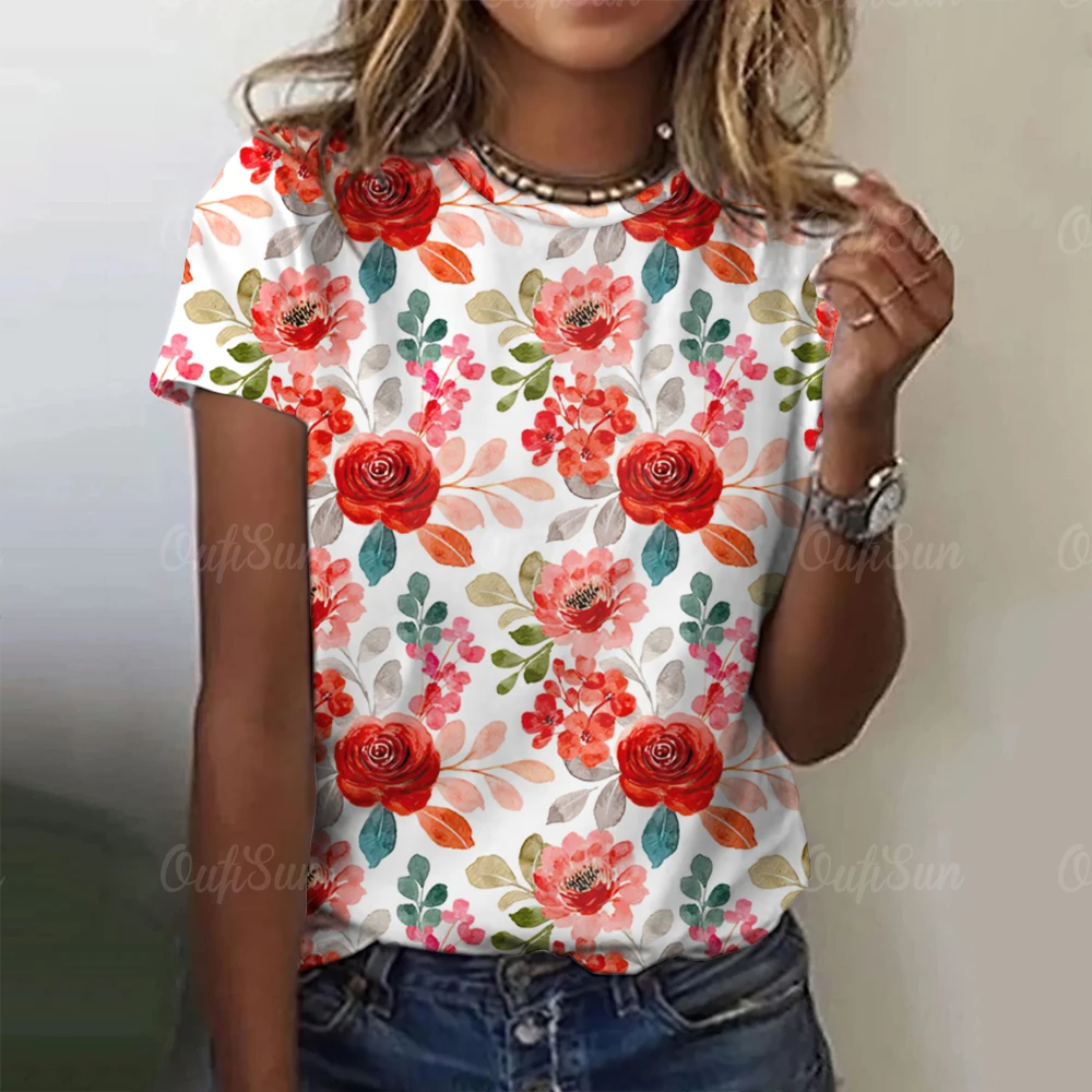 

2024 Summer New Style Floral Print Women O-Neck T-Shirts Casual Pullover Loose Short Sleeves Oversized Tee Shirt Female Clothing