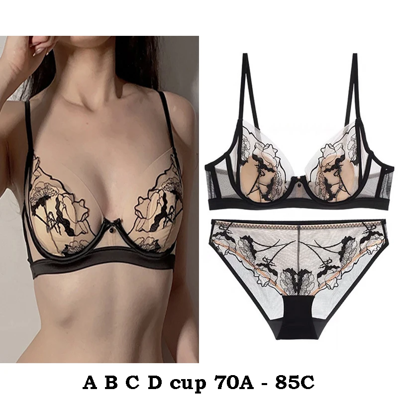 

high quality sexy bras and brief set for women push up A B C D cup lace comfortable wire summer lingerie underwear black white