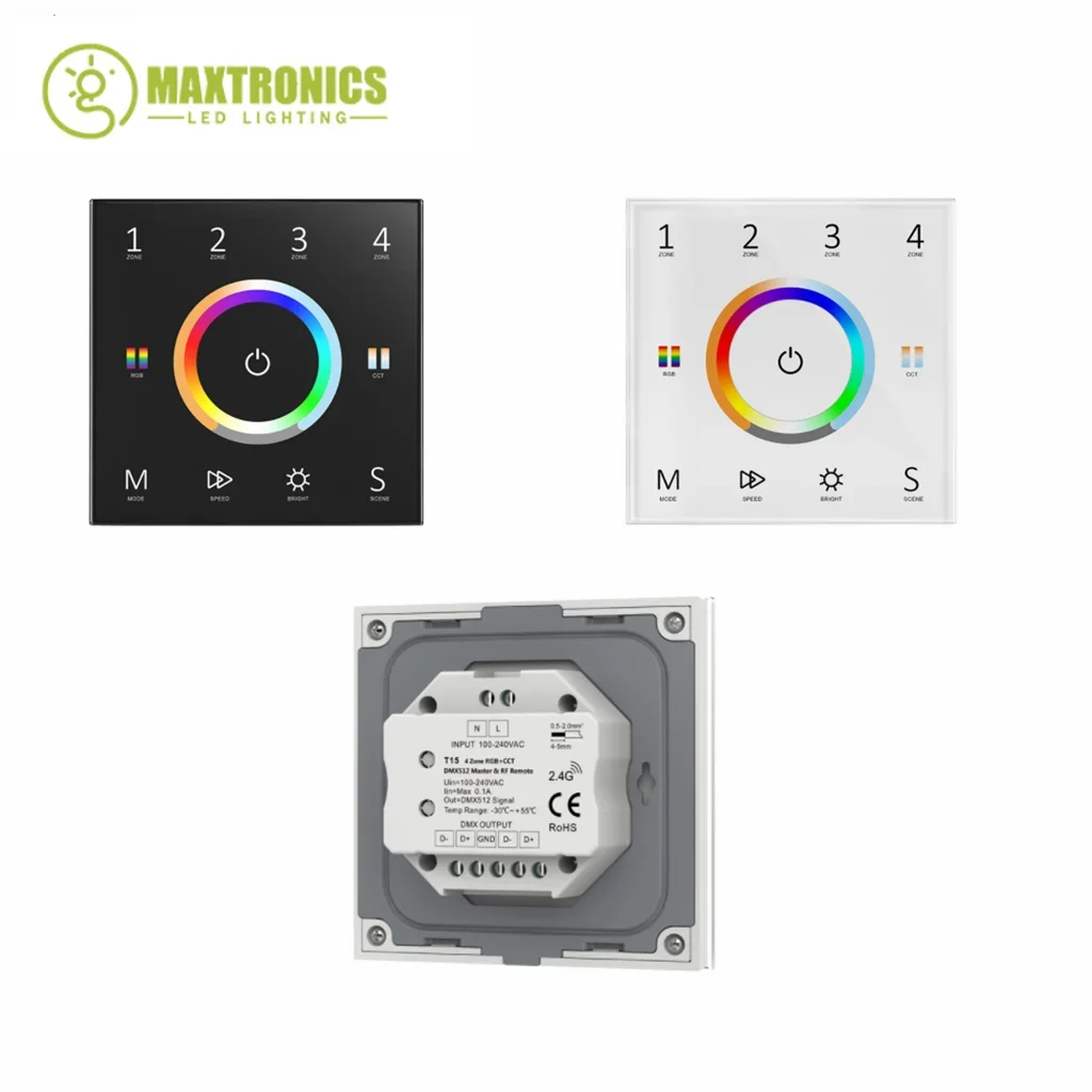 4 Zones Wall Touch Panel 5 IN 1 DMX Master Controller 110-220VAC 2.4G RF Glass Dimmer For Single Color/CCT/RGB/RGBW/RGB+CCT Tape