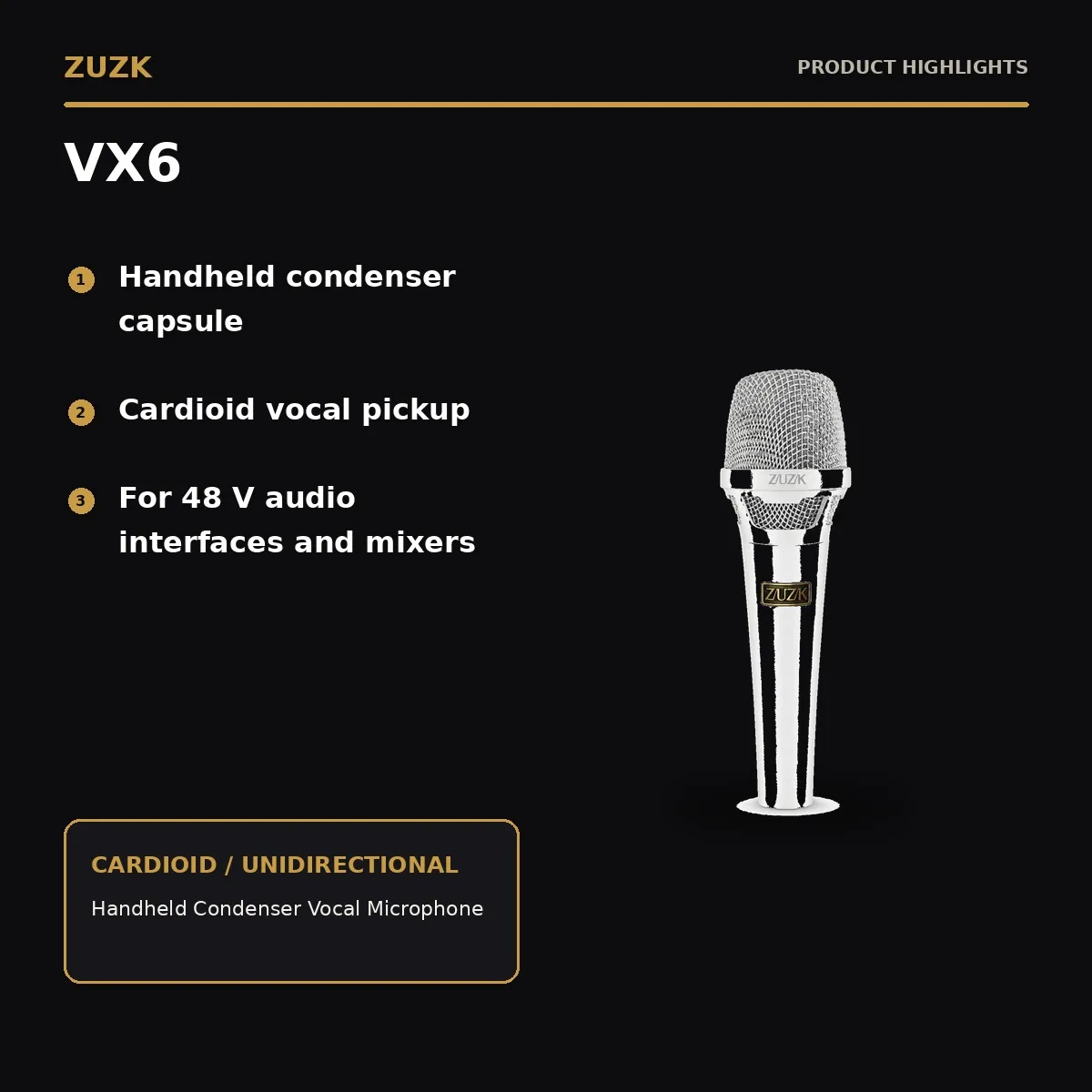 ZUZK VX6 Condenser Vocal Microphone Cardioid XLR Handheld Mic 48V Phantom Power for Singing Live Streaming Mic Only