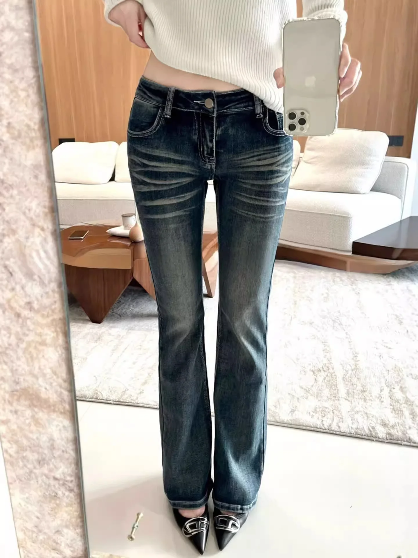 

Американские ретро-джинсы синего цвета с низкой посадкой, расклешенные, женские, стройнящие, удлиненные, в пол, повседневный стиль, из хлопкового денима