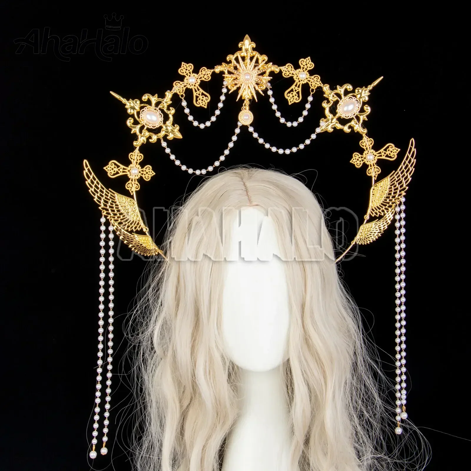 Fatto a mano argentato Mary Apollo Sun Halo Crown Lolita Fascia vintage Copricapo ala d'angelo Dea Copricapo per feste di Halloween