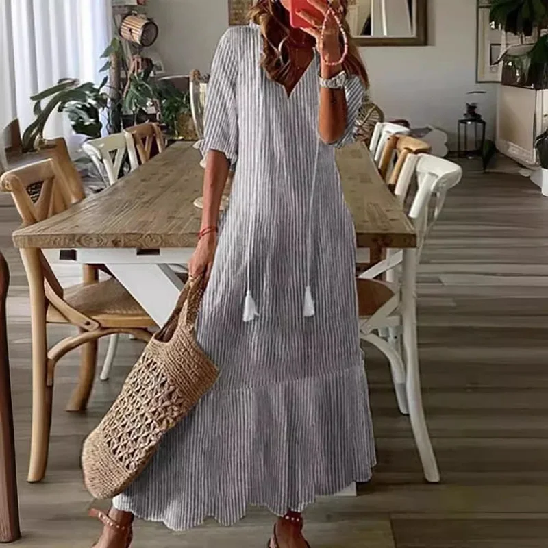 Boho Loosen V Neck Tassel Long Dress 2024 Spring Floral Print Pleated Party Maxi Dress Women Embroidery Lace Sleeve Summer Dress