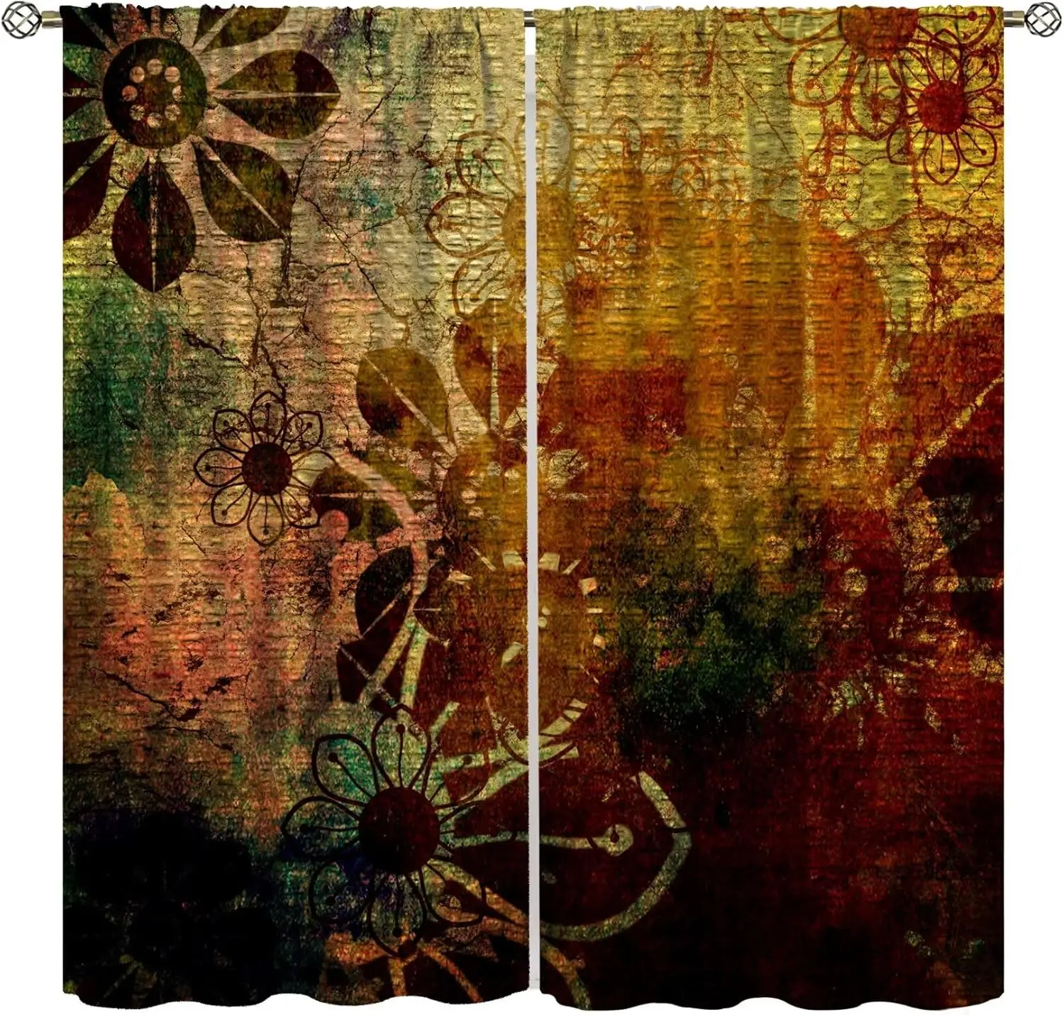 Mandala Retro Blackout Curtains, Abstract Vintage Old Art Flowers Texture Print Decor Windows Treatments, Rod Pocket Drapes for
