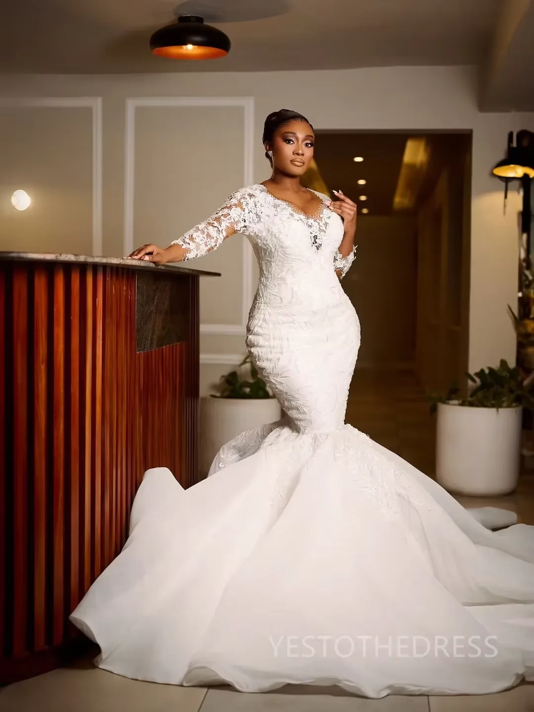 Customized Elegant Mermaid Wedding Dress 2026 Round Neck Long Sleeve Satin Lace Bead Embroidery  Bride Vestido De Noiva