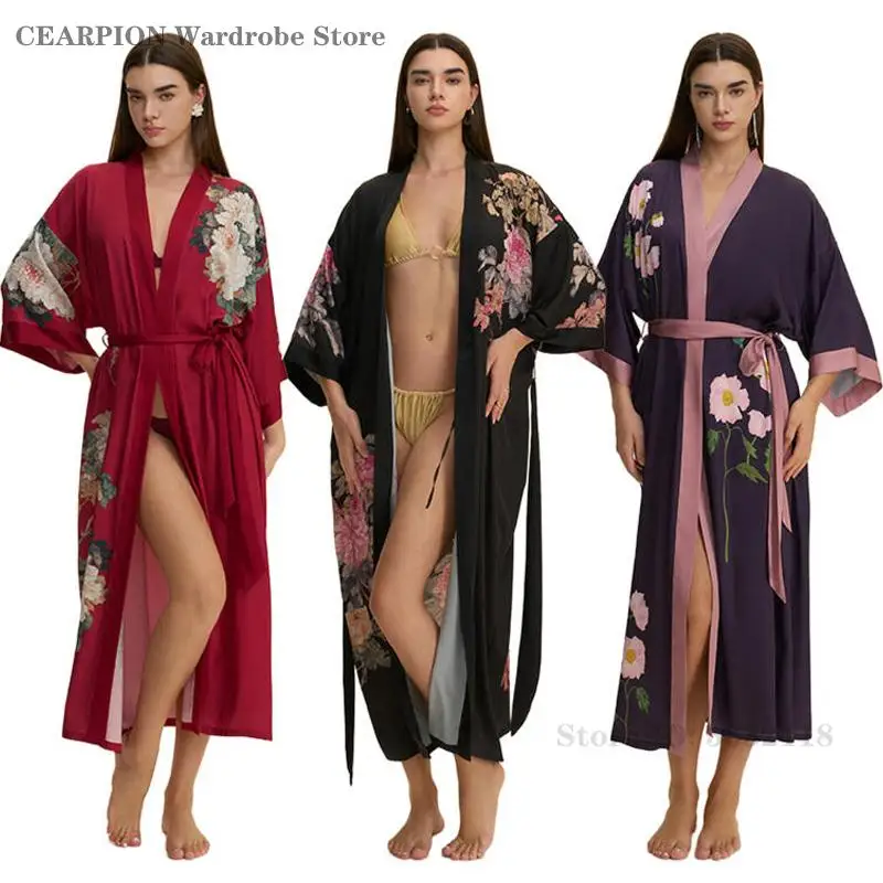 

Women Long Robe Sexy Print Flower Home Dress Elegant Half Sleeve Kimono Bathrobe Gown Sleepwear Loose Satin Nightwear Negligee