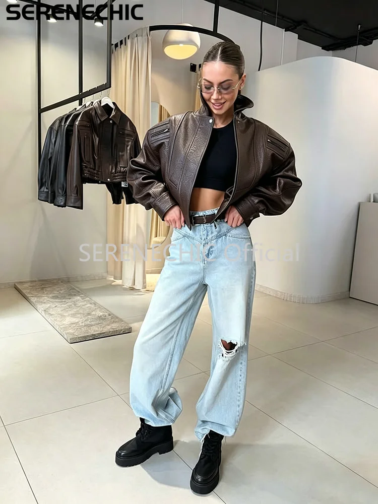 SERENECHIC Textured PU Aviator Coat with Elastic Hem Women's Black Cropped Faux Leather Jacket New Vintage Outerwear Female