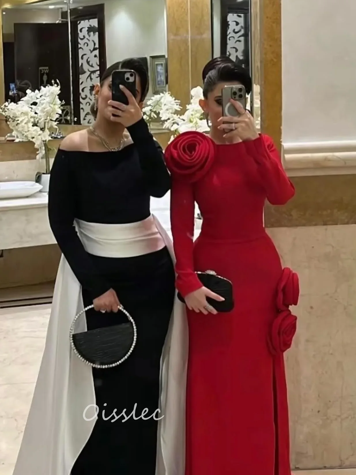 Oisslec Red Pleated Mermaid Prom Dresses Handmade Flowers Ankle Length Party Evening Gowns Full Sleeve Saudi Arabia Robe Des