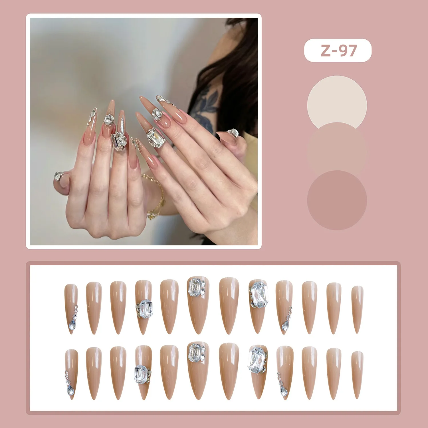 24pcs Sweet Pink Fake Nails Korean Bow False Nail Patch Full Cover Wearable Lady Women Shiny Rhinestone Decor Press on Nails