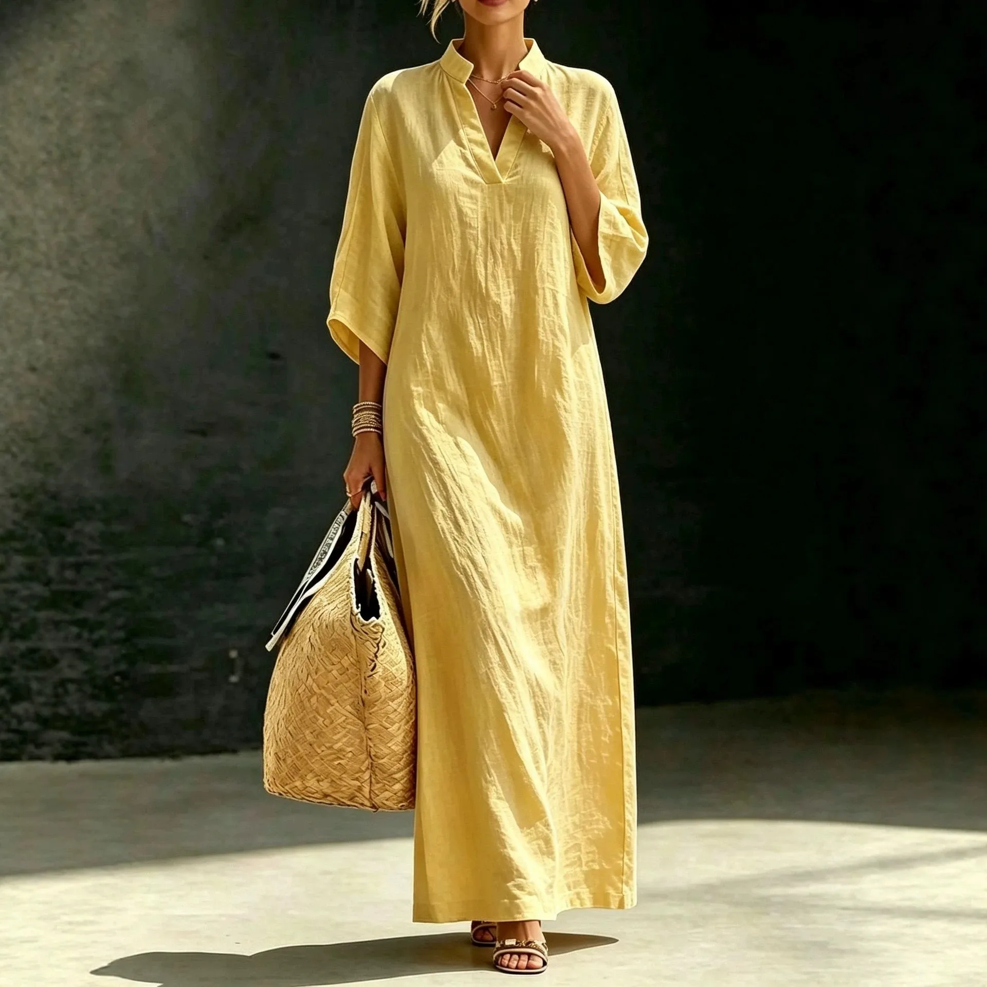 Loose Fit Stand Collar Dress Elegant and Refined with Loose Waist Commuter Chic Three Quarter Sleeve Long Dress Summer for Women