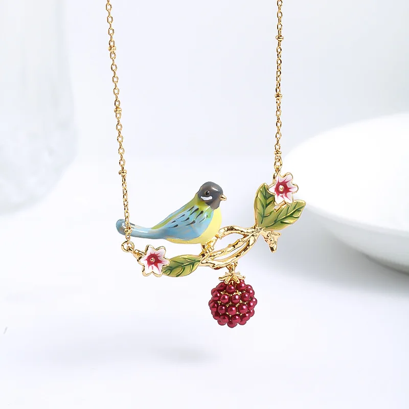 Trend Bohemia Handmade Enamel Cute Blue Parrot Green Leaf Mini Pink Flower Purple Red Pearl Ball Dangle Pendant Necklace Women