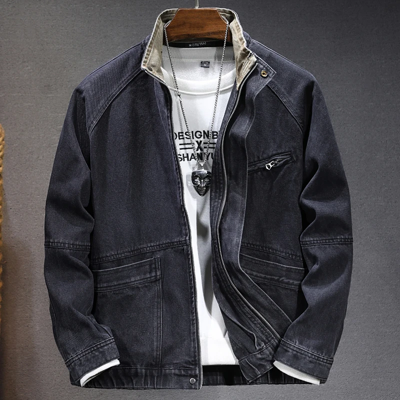 سترة رجالية بياقة واقفة وسحاب من قماش الدنيم موديلات جديدة للخريف والشتاء سترة فضفاضة غير رسمية للدراجات النارية من قماش الدنيم للرجال #3