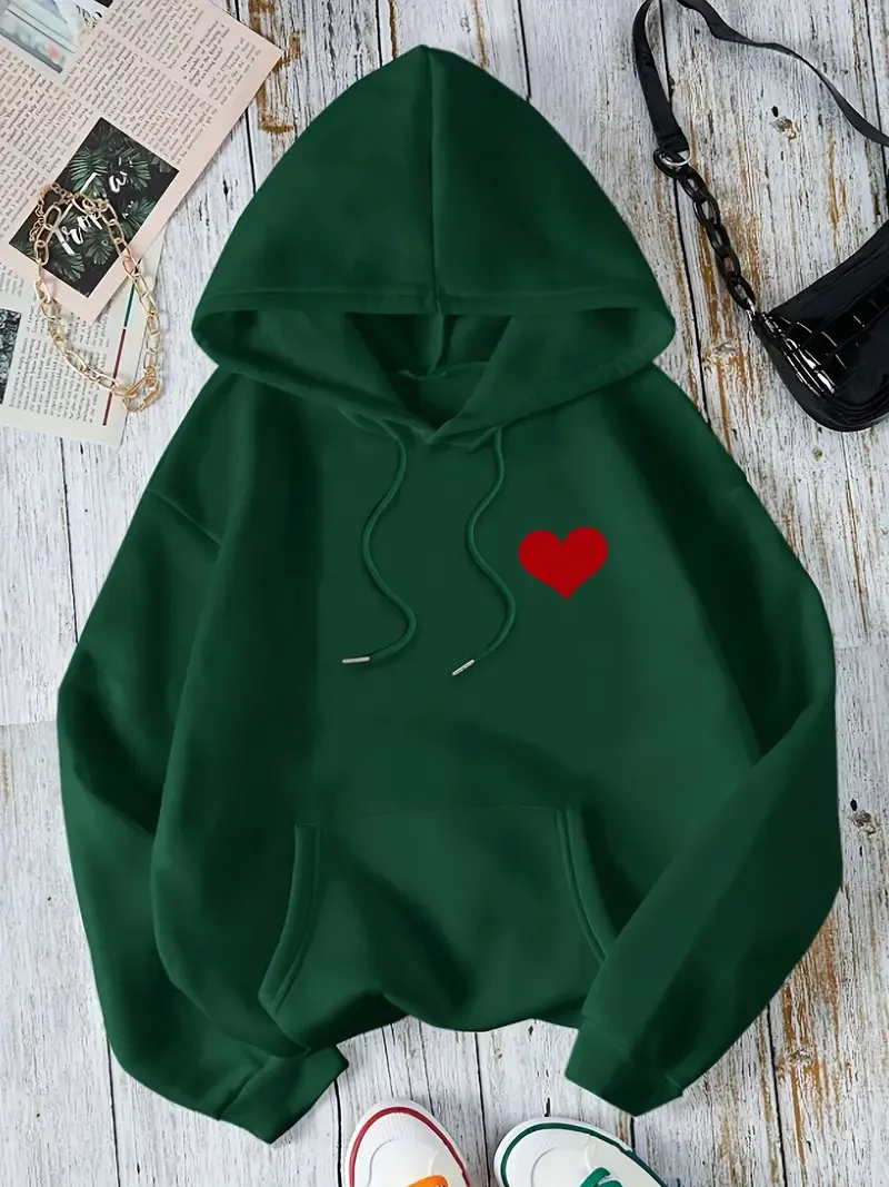 Women's Casual Fashion Plus Size Hooded Pullover Sweatshirt With Heart Print, Drawstring Design, With Pocket