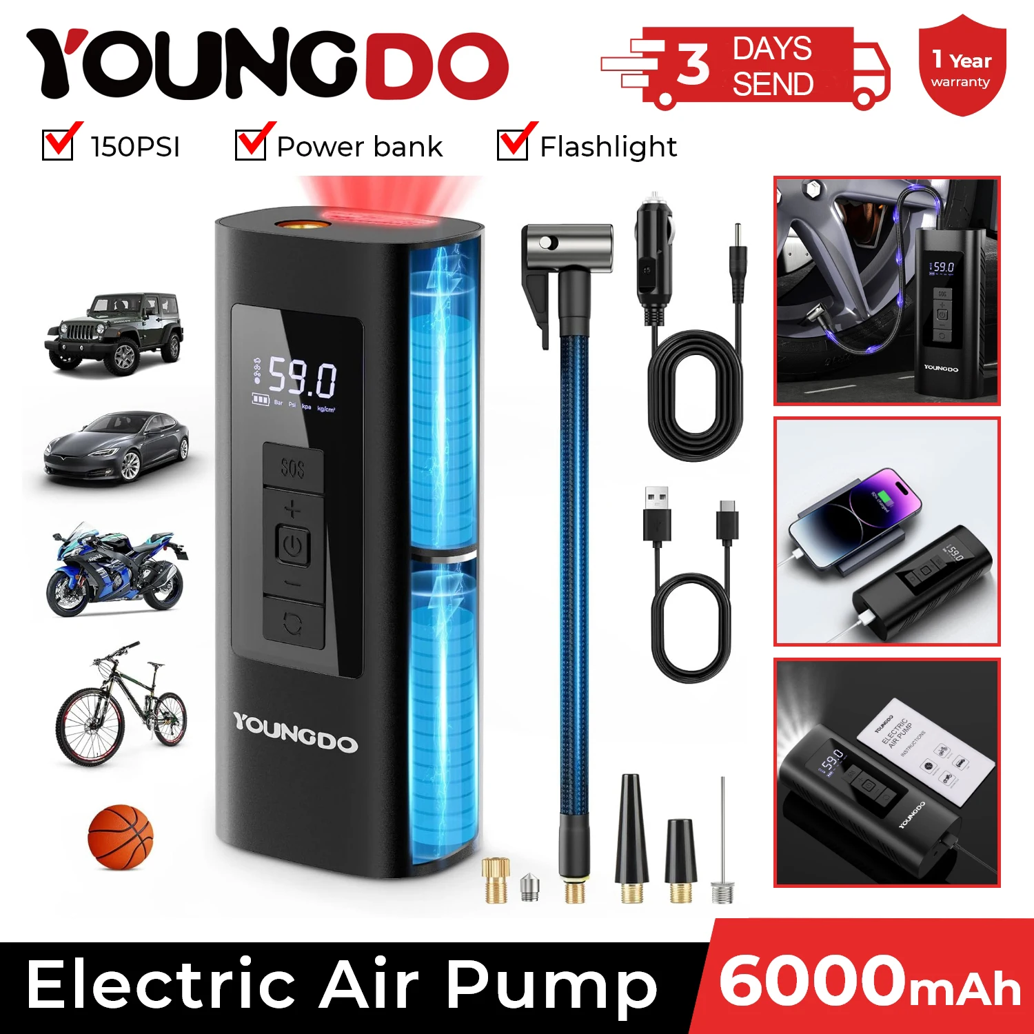 

YOUNGDO Tyre Inflator Portable Air Compressor Digital Air Pump Electric Tire Inflator Quick Inflation Pump For Motocycle Bicycle