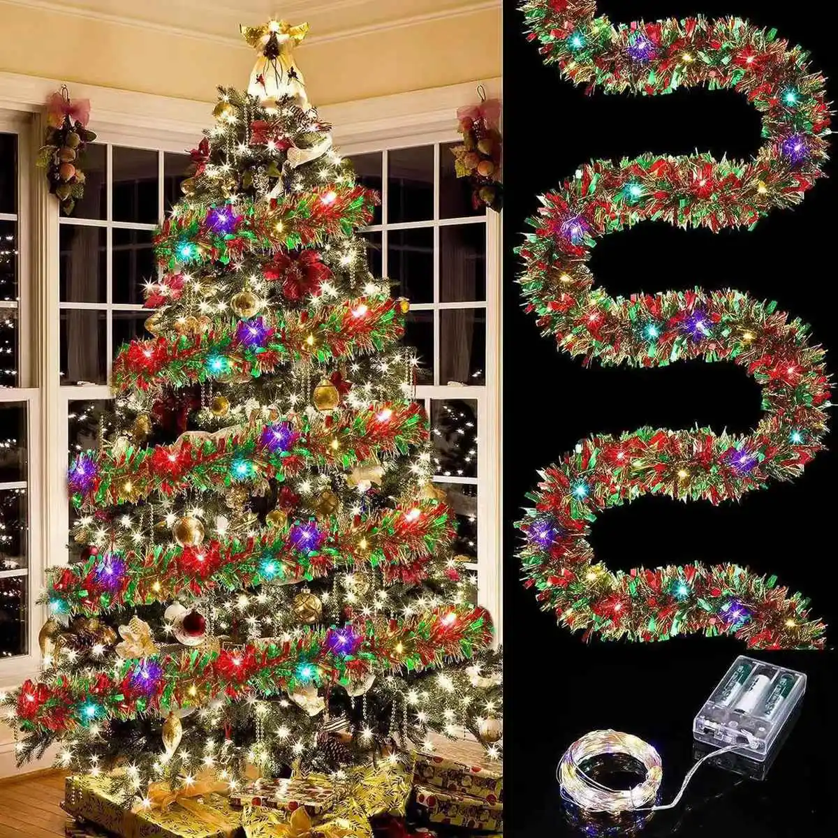 1PC Metallic Shiny Tinsel Garland With LED Lights Thick Hanging Christmas Tree Wreath Lamp For Xmas Home Wall Window Decor