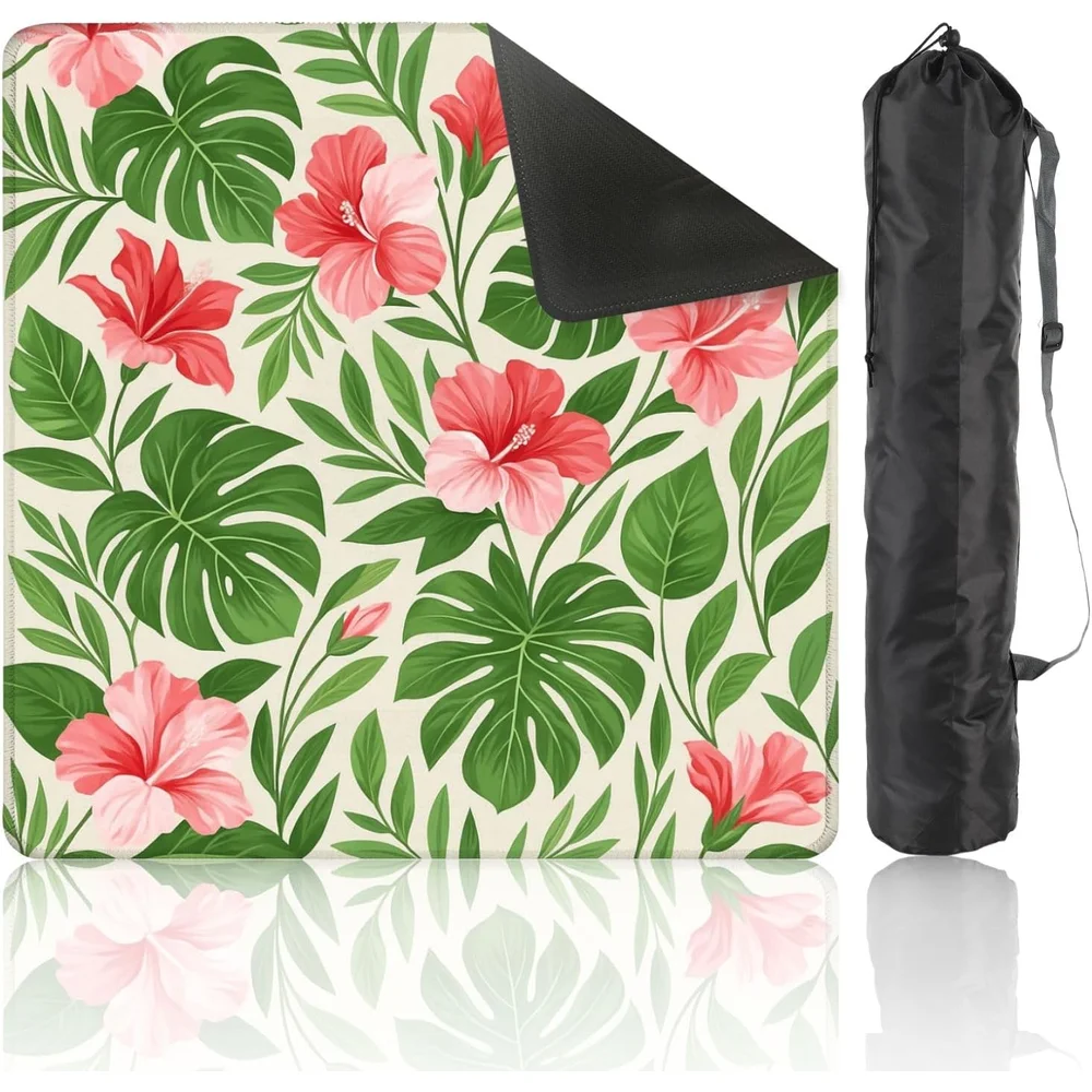31.5 Inch 3mm Neoprene Luxury Mahjong Mat Tropical Hibiscus Seamless Leaf Print Non Slip Noise Reduction for Mahjong Games