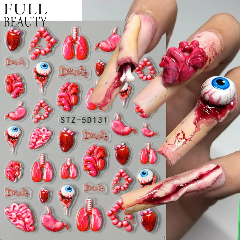 

New nail stickers Halloween dark spoof heart brain organs horror eyes wings teeth embossed 5D nail decorative nail stickers