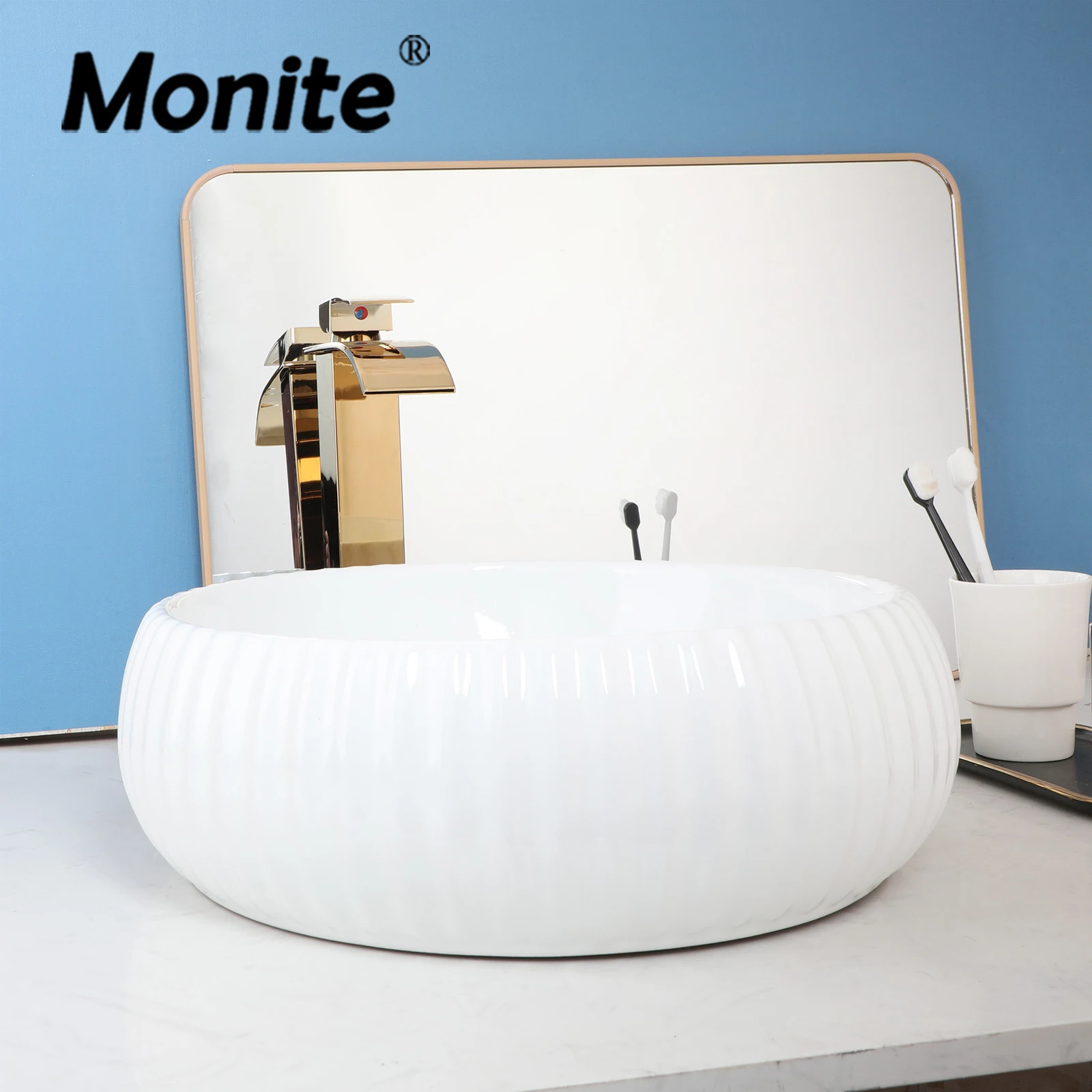 Monite Bathroom Ceramic Basin Circular With Golden Faucet Hot Cold Mixer Tap Circular Vertical Stripes Round Basin Faucet Set