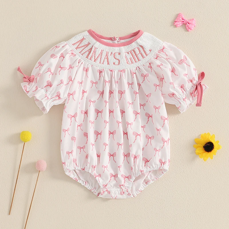 0-24 Months Baby Girl Summer Romper Short Sleeve Letter Embroidery Bow Print Smocked Bodysuit Newborn Playsuit