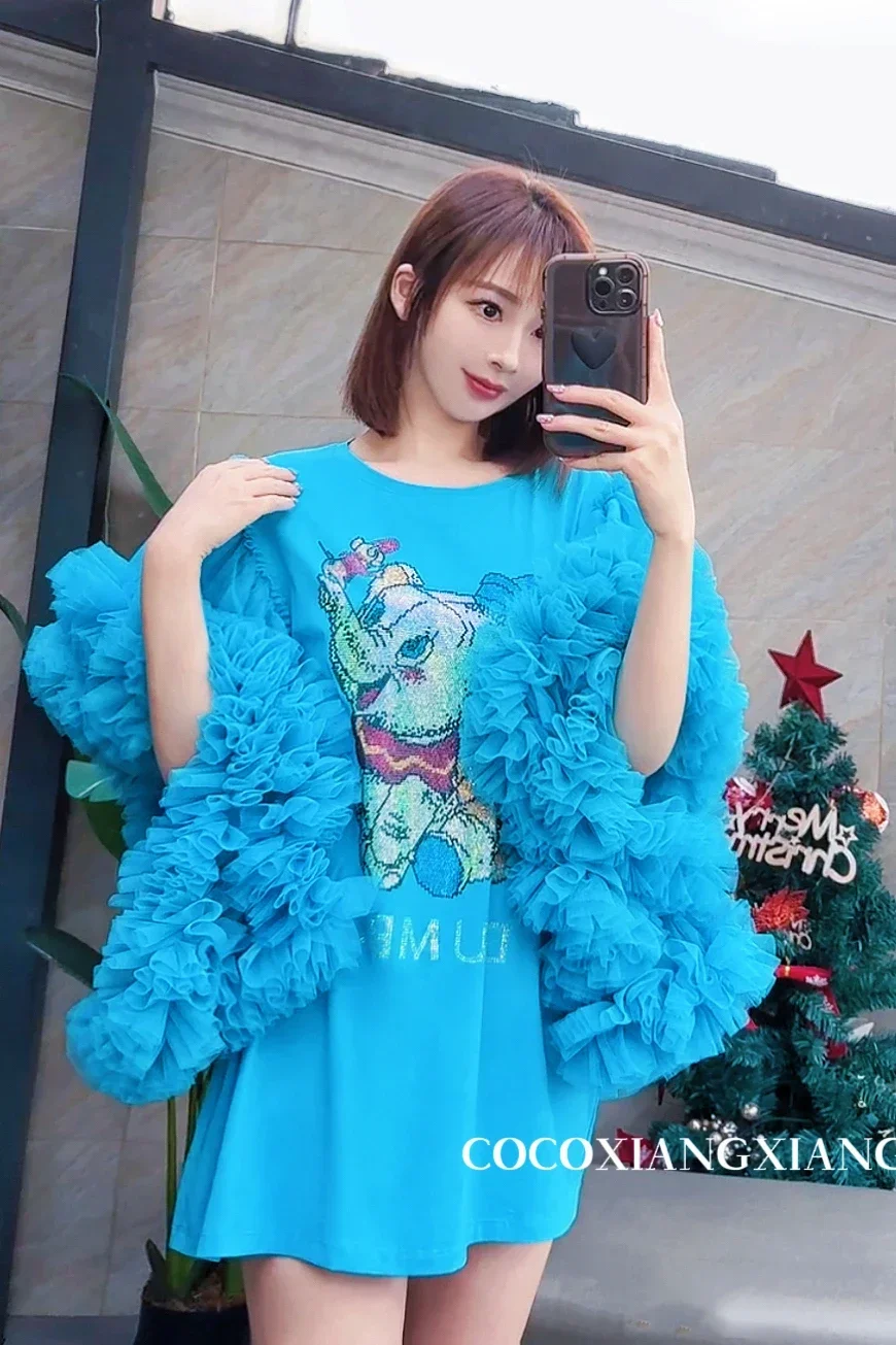 Fashion Brand Rhinestone Elephant Heavy Industry Puff Sleeves Mesh Stitching Cute Loose Mid-Length T-shirt Dress for Women