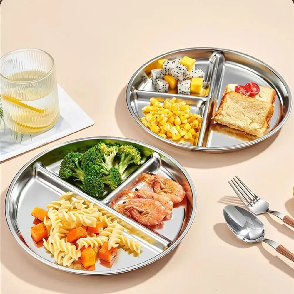 

Unbreakable Portion Control Plate 304 Stainless Steel Reusable Divided Dinner Plates Multi-purpose Round 3 Compartment Food Tray