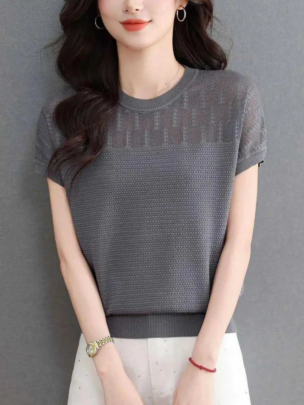 

Summer New Hollow out Short Sleeve Knitted Top Women Casual Color round Neck Slimming Loose Fashion Thin Shirt T-shirt