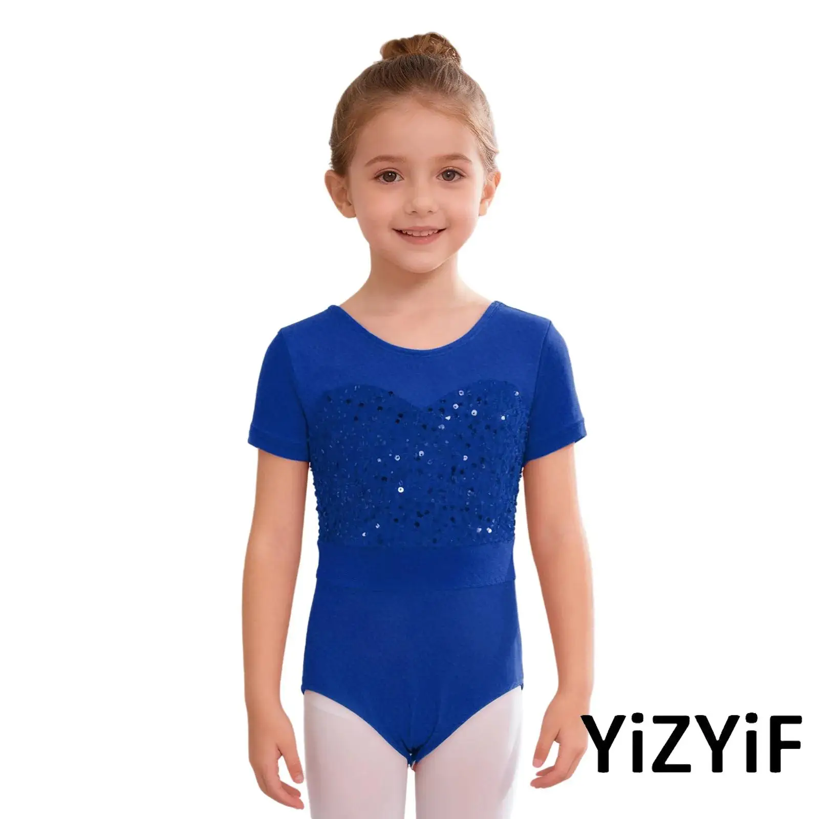 

Kids Girls Lyrical Ballet Dance Leotard Round Neck Short Sleeve Shiny Sequins Velvet Patchwork Press Buttons Crotch Bodysuit