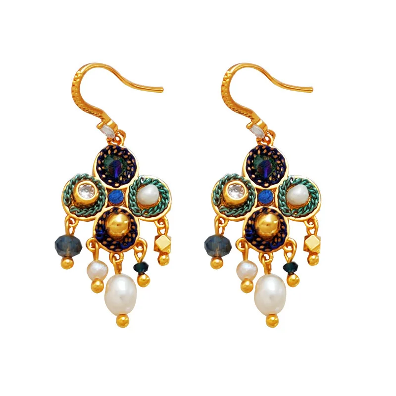 

Copper gold plated temperament Bohemian ethnic style design earrings personality cultured pearl fringe earrings