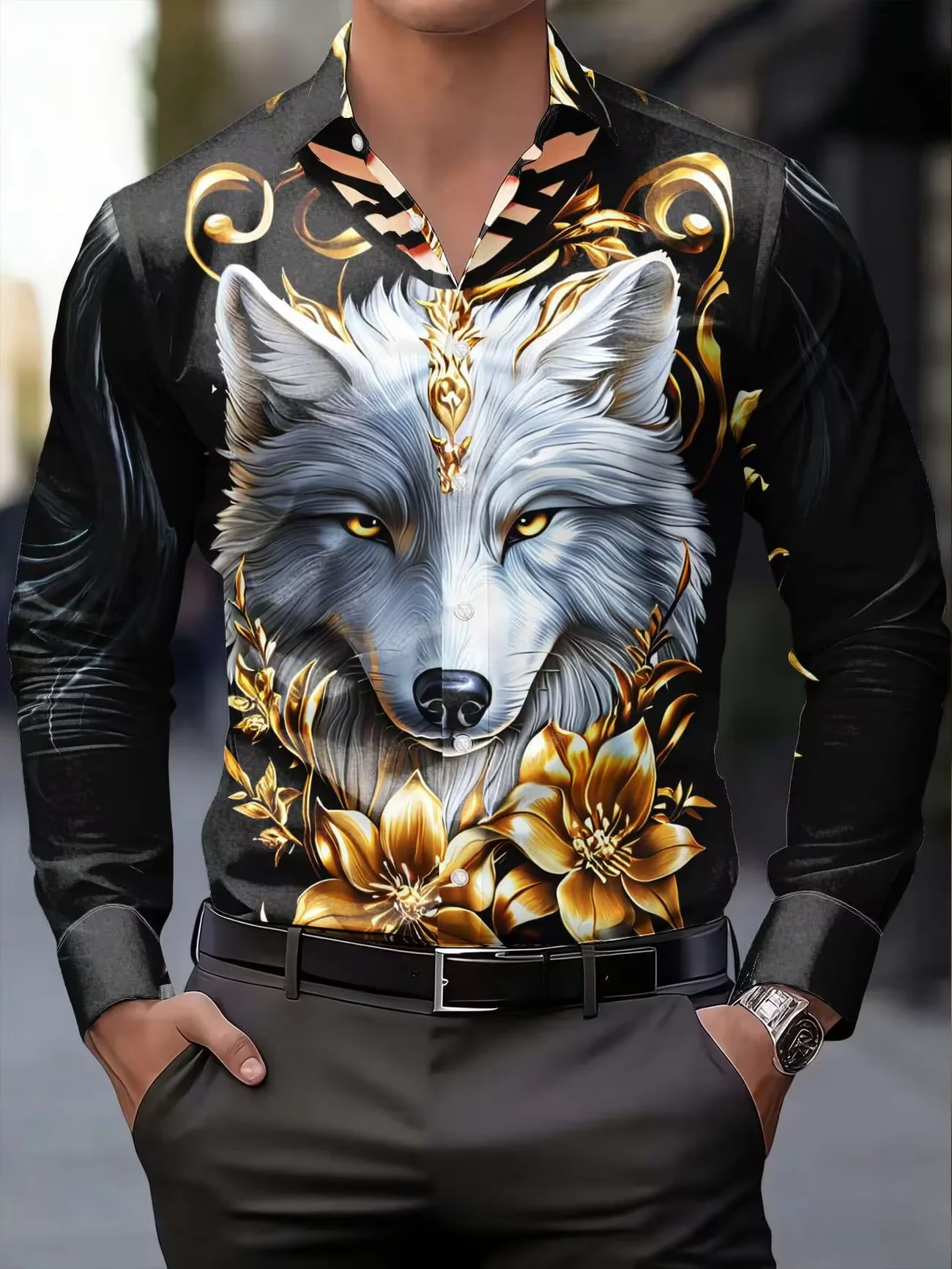 

New black and gold floral white wolf print men's long sleeved shirt, light luxury and domineering casual shirt