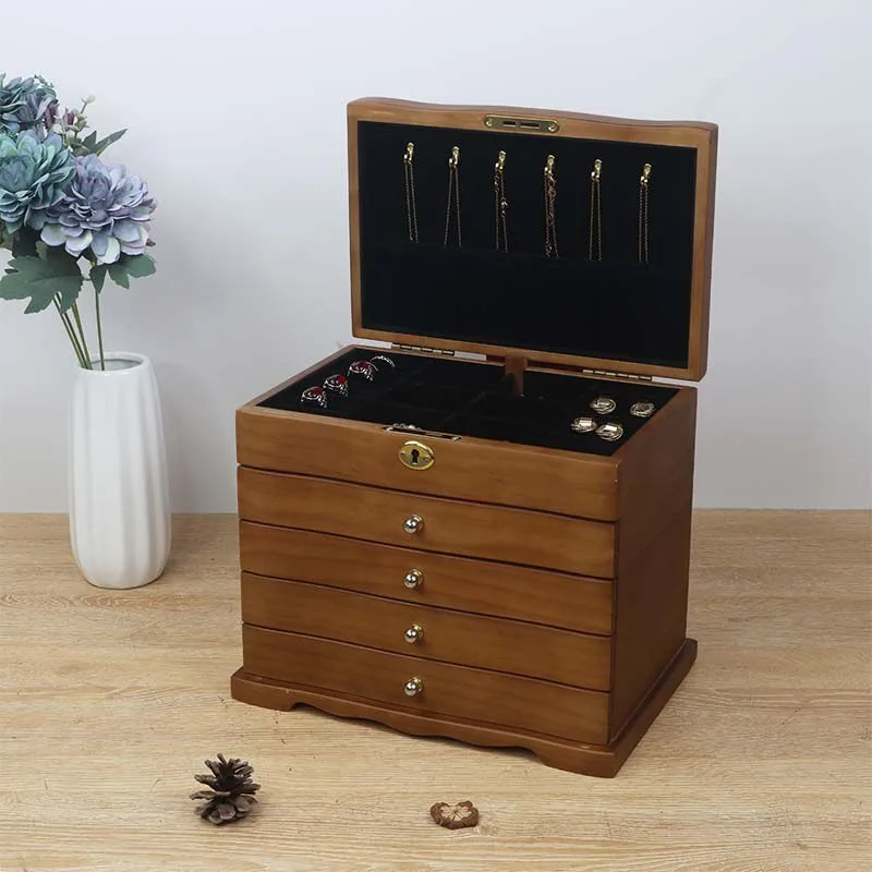 Wooden solid wood oversized jewelry box storage box, Chinese style antique high-end inner fleece jewelry earrings, jewelry box