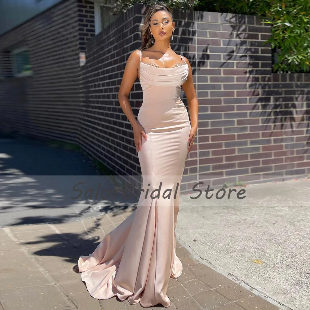 Robe de soirée sirène en Satin pour femmes, tenue de bal Sexy, dos nu, avec décolleté en cœur, perles de cristal, personnalisée, bleu marine foncé