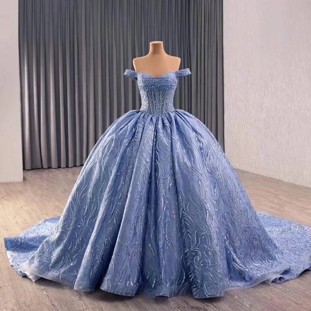Evening Dress 2026 Blue Sweetheart Off Shoulder Crystal Beaded Lace Up Back Bow Long Evening Dresses