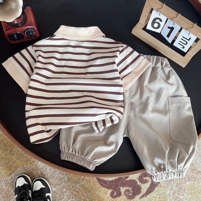 Boys Summer Set Fashionable New Style Children's Polo Striped Short Sleeve T-Shirt And Pants 2-Piece Set