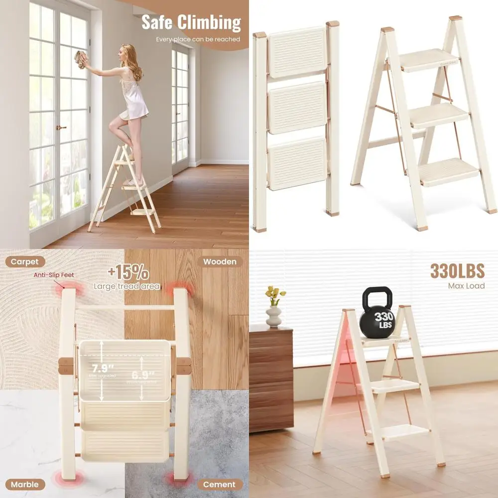 

Adult-Sized Folding Step Ladder: 3 Tiers, Wide Steps, Secure Grip, Stylish Cream & Chocolate Design for Home Use